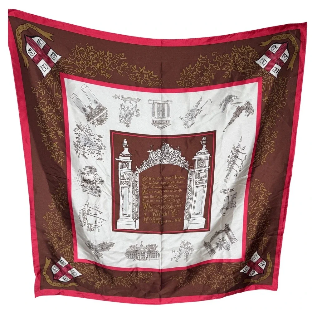 Vintage Brown University Silk Scarf Ivy League Collegiate Crest Brown Red White